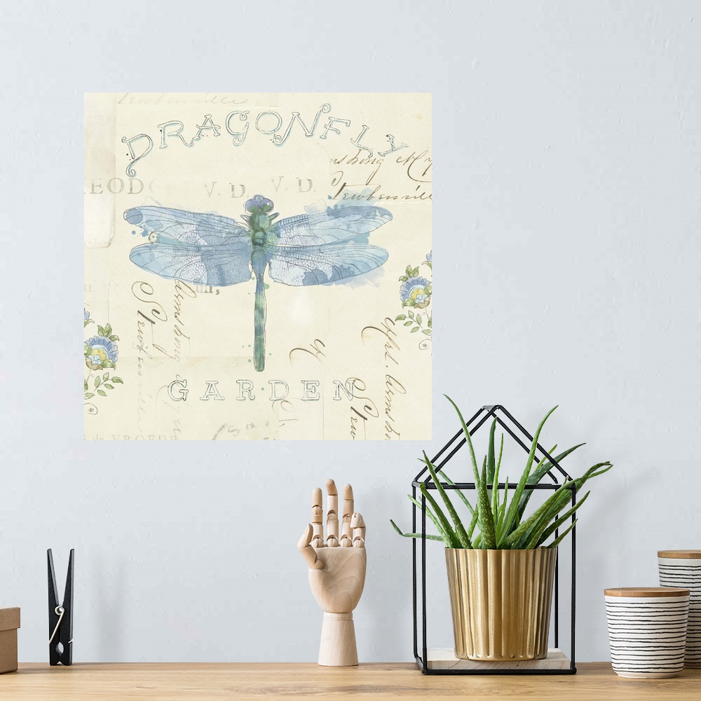 A bohemian room featuring Contemporary home decor artwork of a soft blue dragonfly against a pale tan background.