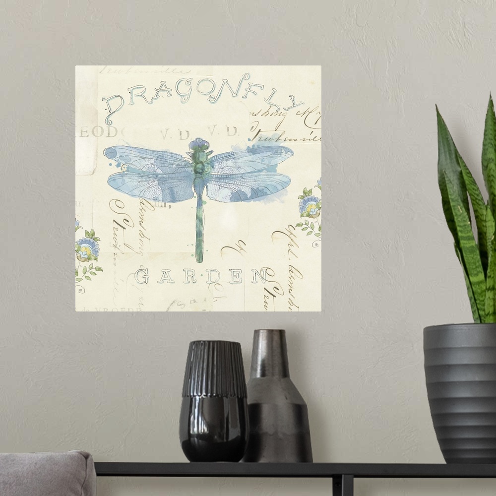 A modern room featuring Contemporary home decor artwork of a soft blue dragonfly against a pale tan background.