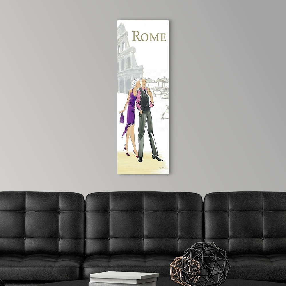 A modern room featuring Contemporary artwork of a couple, with the coliseum in the background.