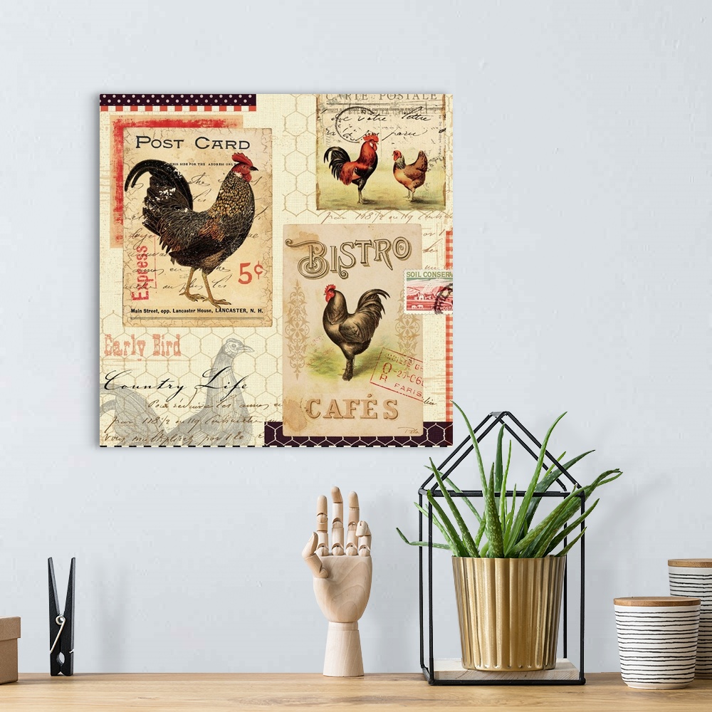 A bohemian room featuring Contemporary artwork of different postage stamps with roosters on them.