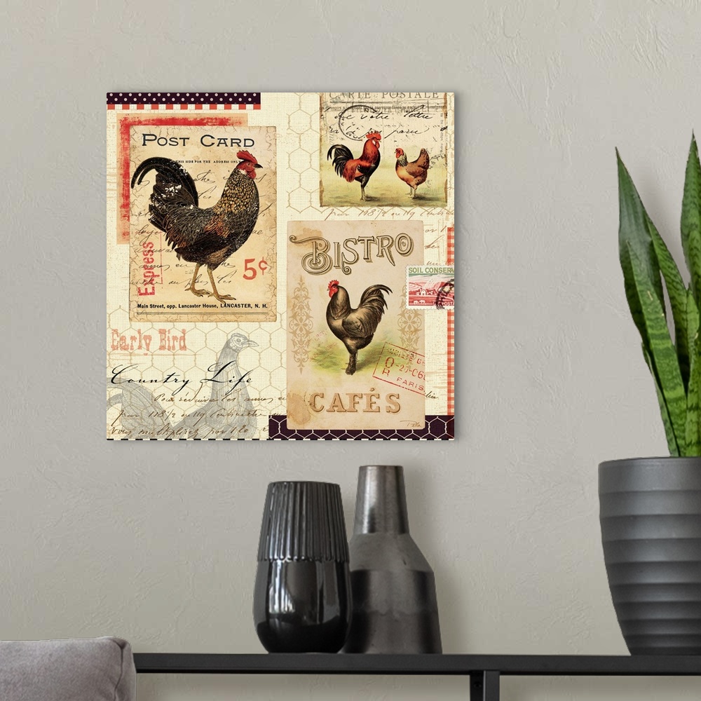 A modern room featuring Contemporary artwork of different postage stamps with roosters on them.