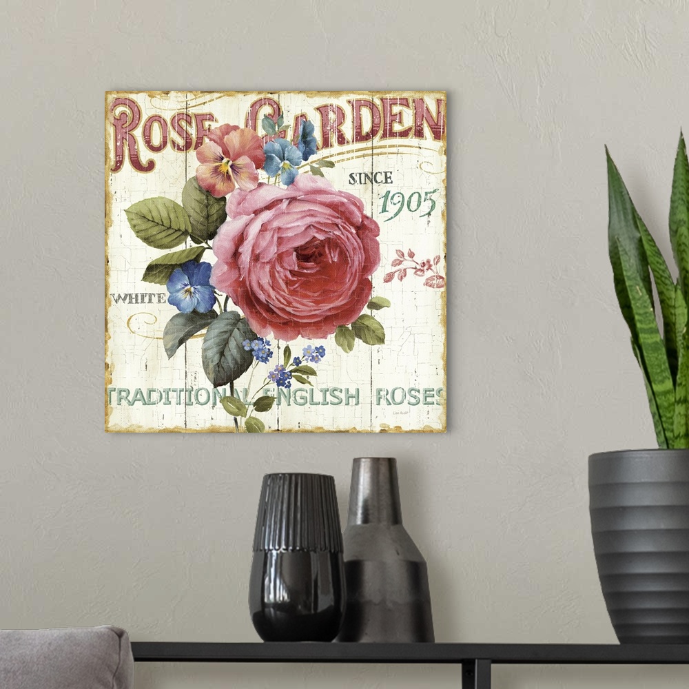 A modern room featuring Square painting on canvas of a rose and other flowers in the middle with text around it on a grun...