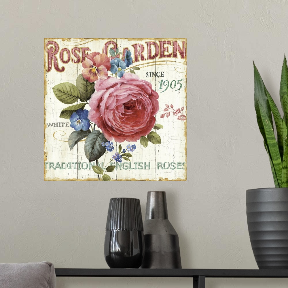 A modern room featuring Square painting on canvas of a rose and other flowers in the middle with text around it on a grun...