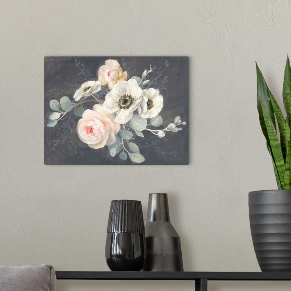 A modern room featuring A decorative artwork of a group of Roses and Anemones on a gray background.