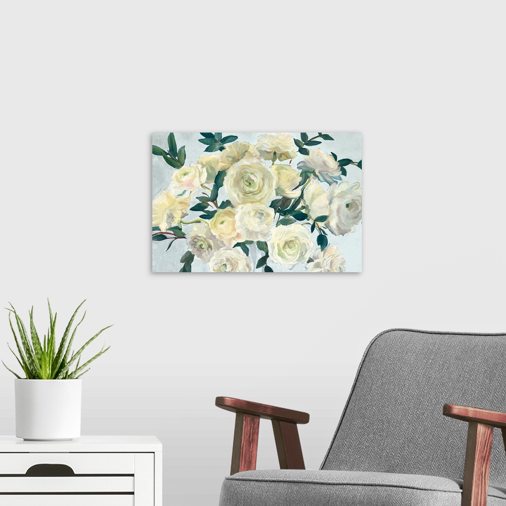 A modern room featuring A large contemporary painting of a full bloomed yellow roses against of light blue backdrop.