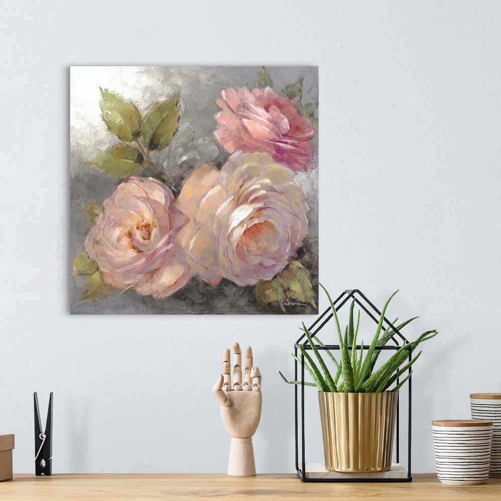 A bohemian room featuring Contemporary still life painting of three pink roses on a gray background.