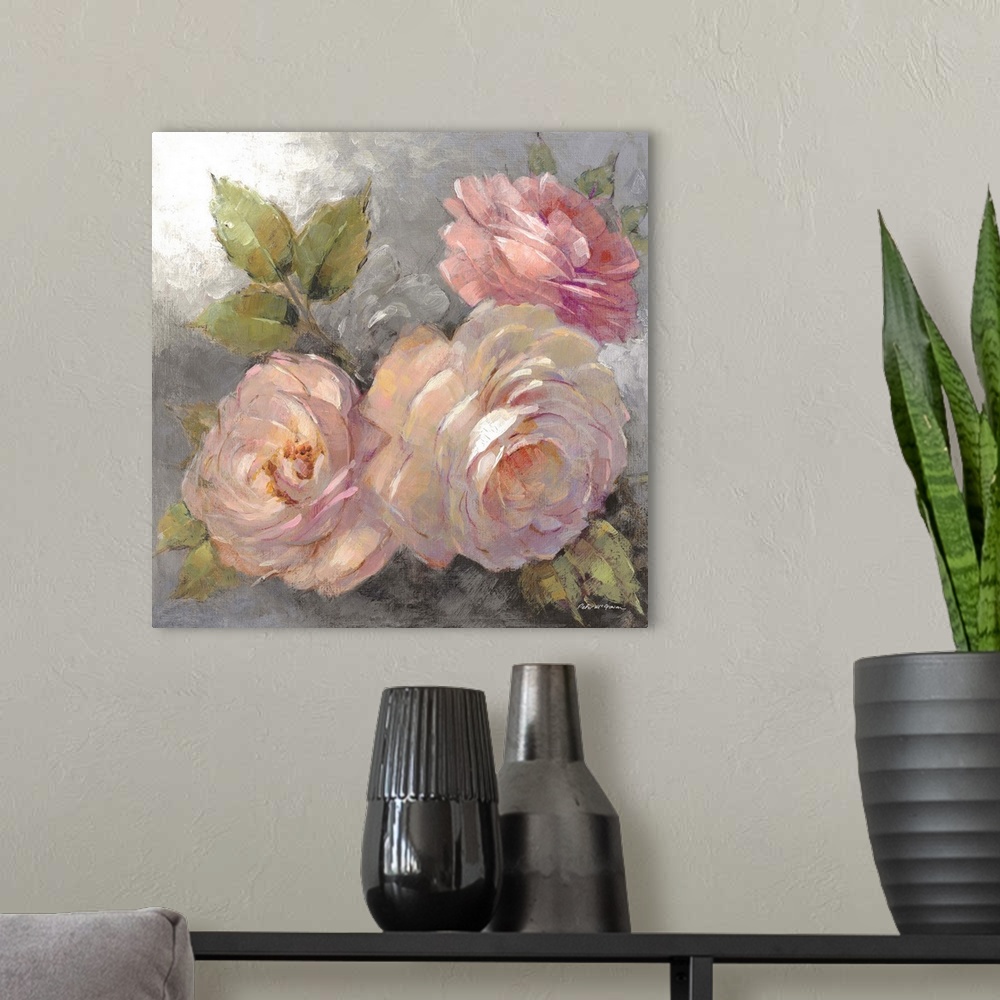 A modern room featuring Contemporary still life painting of three pink roses on a gray background.