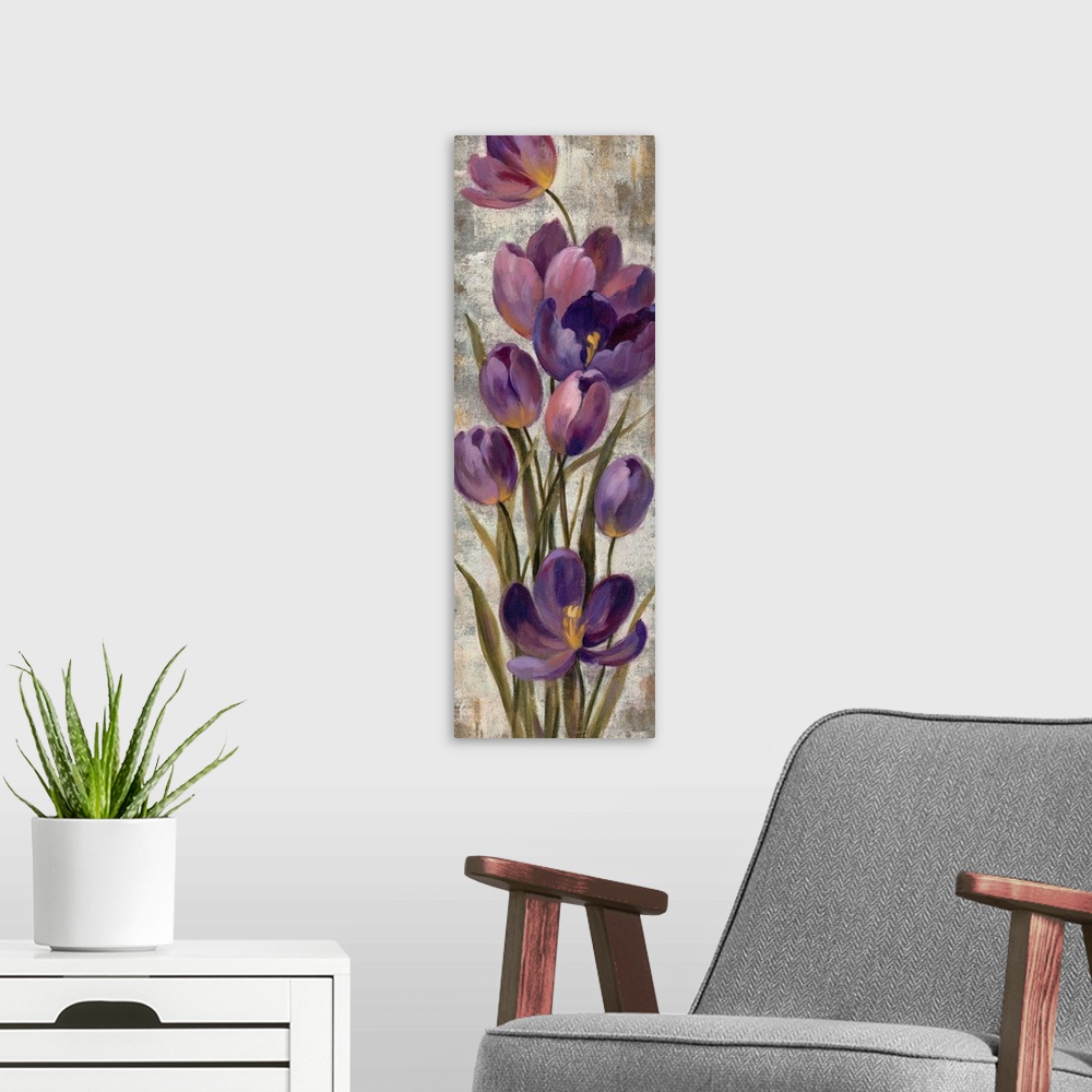 A modern room featuring Contemporary artwork of purple flowers close-up in the frame of the image.