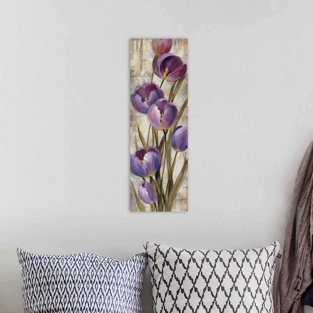 A bohemian room featuring Contemporary artwork of purple flowers close-up in the frame of the image.