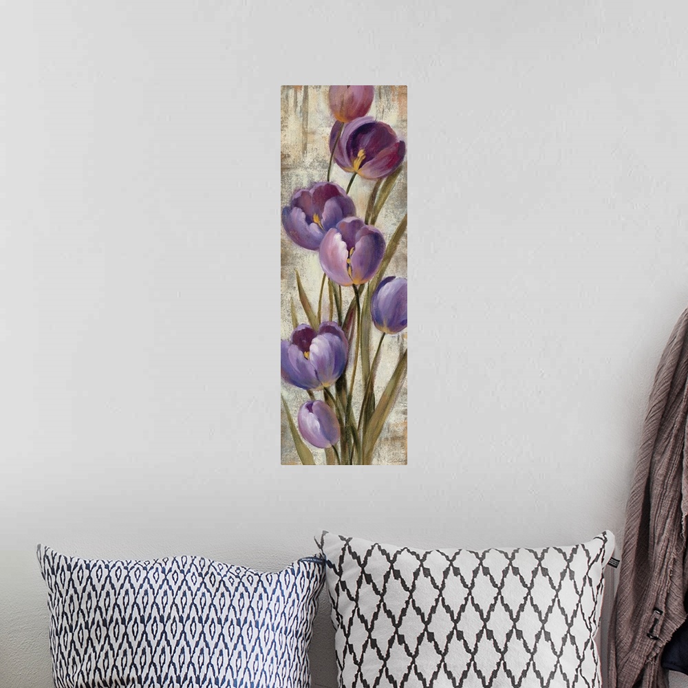 A bohemian room featuring Contemporary artwork of purple flowers close-up in the frame of the image.