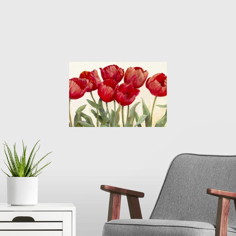 A modern room featuring Large floral art focuses on seven flowers as they sit against a bare background.
