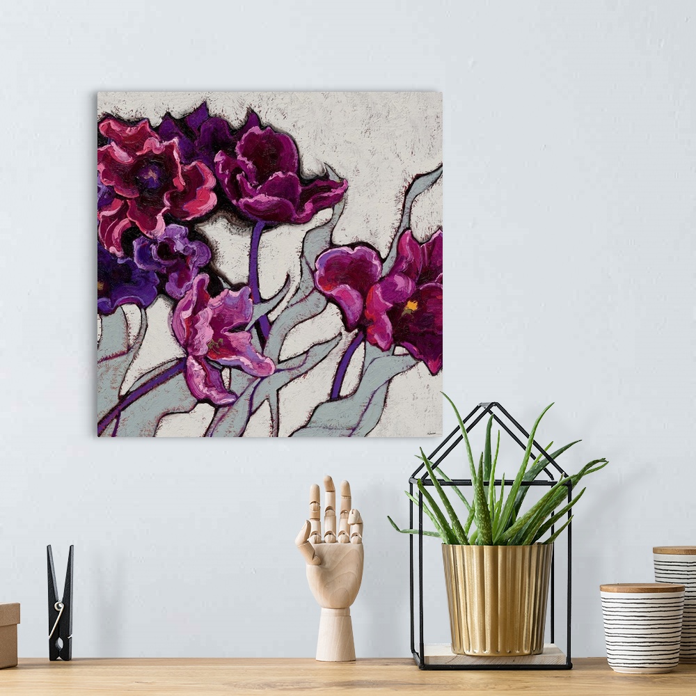 A bohemian room featuring Contemporary painting of violet flowers against a gray background.