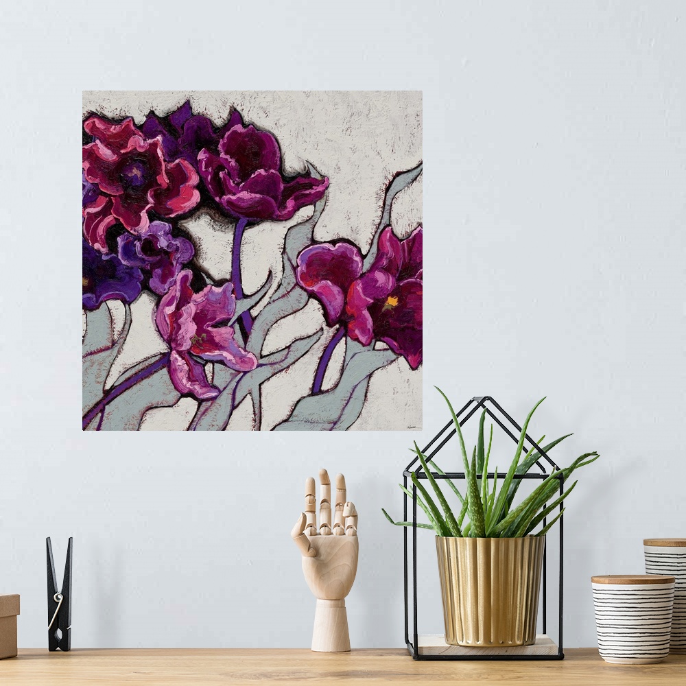 A bohemian room featuring Contemporary painting of violet flowers against a gray background.