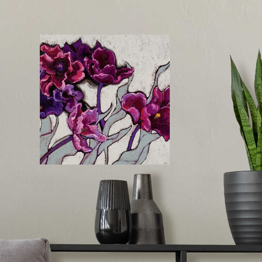 A modern room featuring Contemporary painting of violet flowers against a gray background.