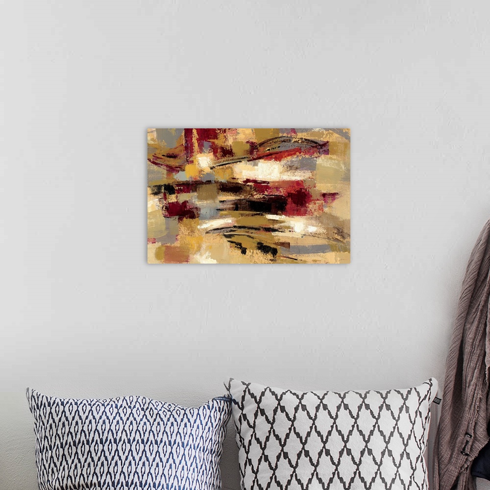 A bohemian room featuring Contemporary abstract painting using earthy colors.