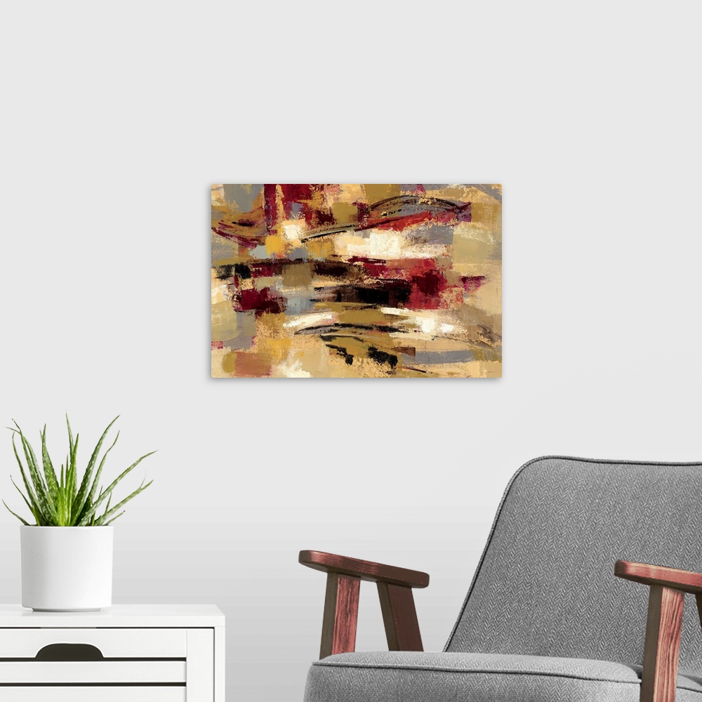 A modern room featuring Contemporary abstract painting using earthy colors.