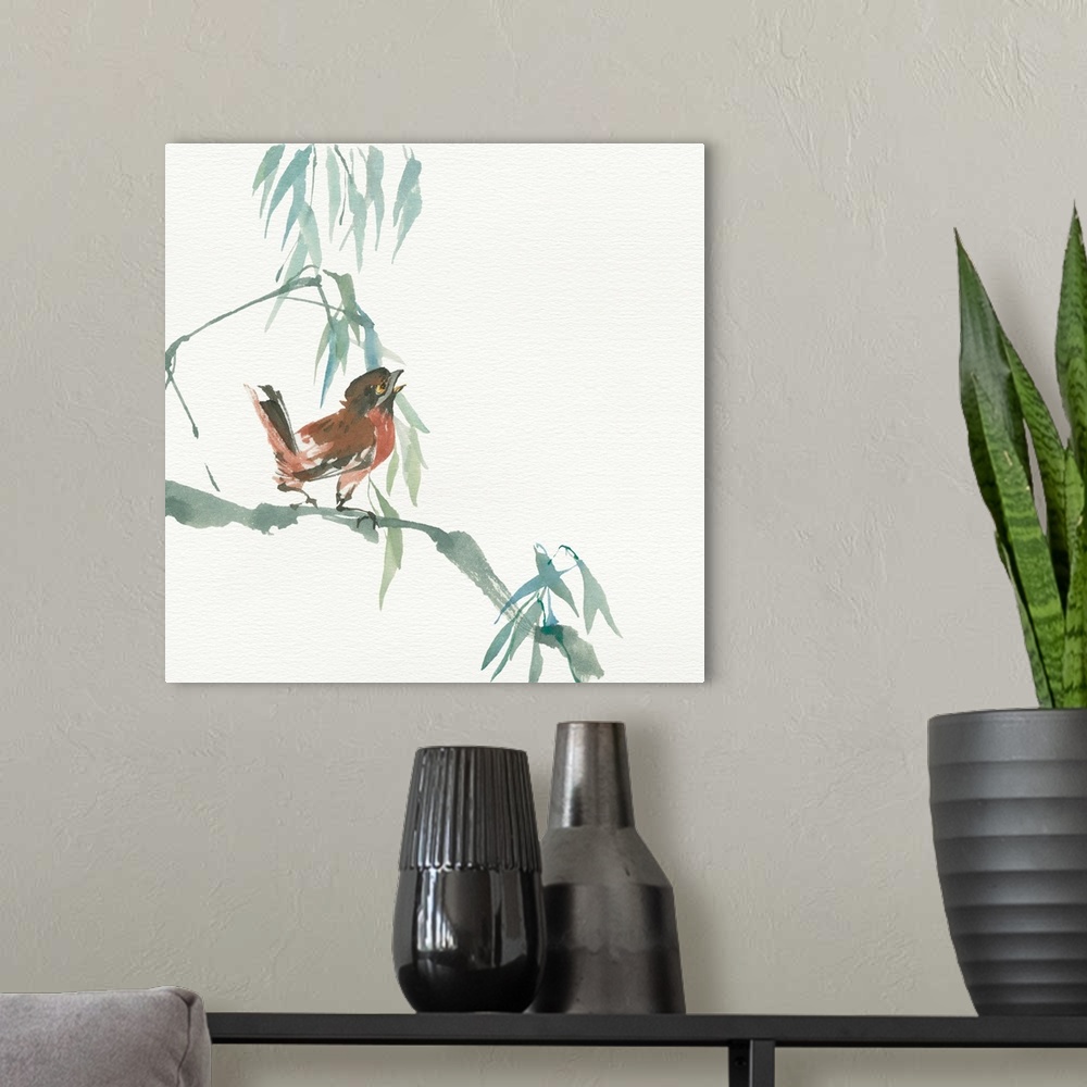 A modern room featuring Contemporary painting of a bird perched on a drooping branch.