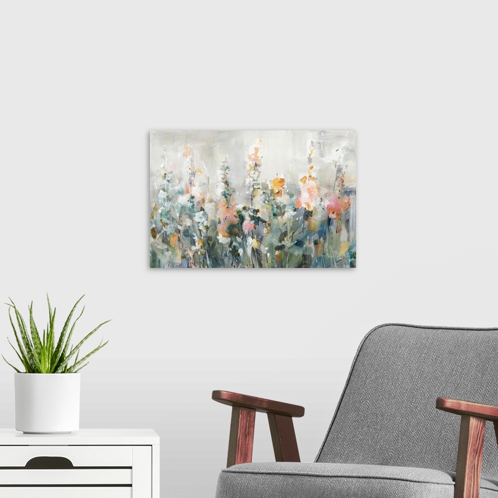 A modern room featuring An asbtract floral painting in a contemporary style, featuring tall blooms in shades of peach and...