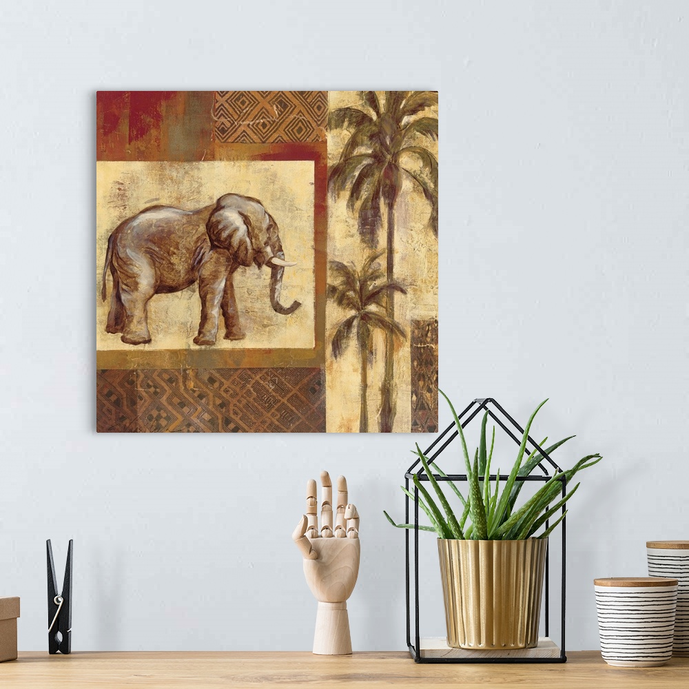 A bohemian room featuring This artwork has a patch style background with a large elephant painted facing toward tall palm t...