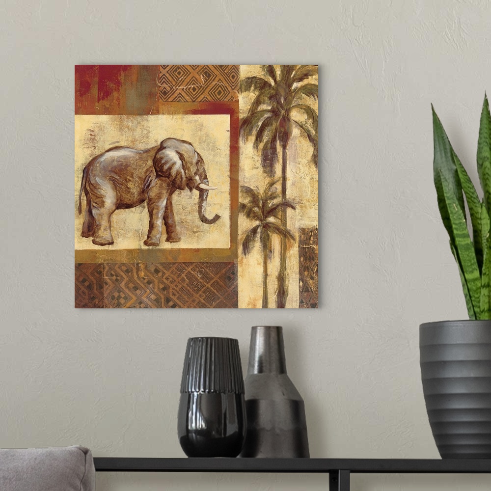 A modern room featuring This artwork has a patch style background with a large elephant painted facing toward tall palm t...