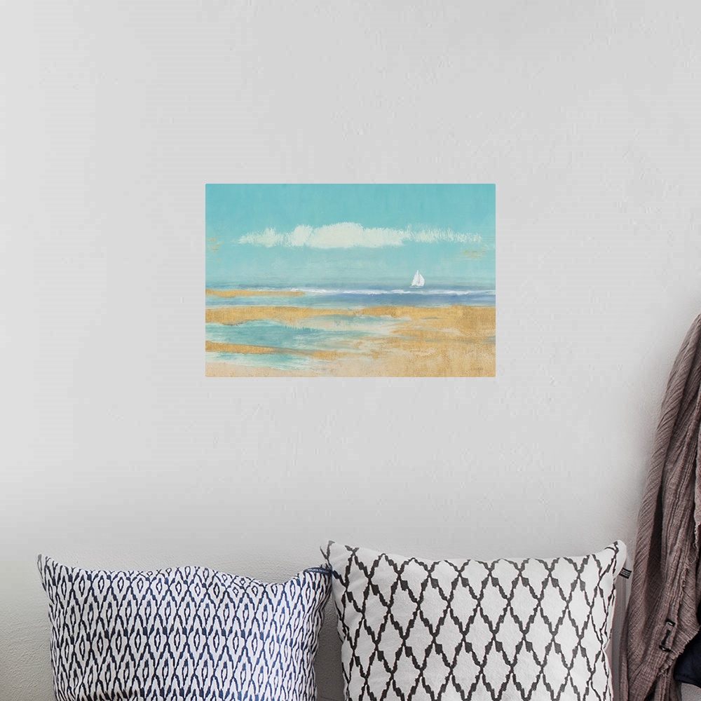 A bohemian room featuring Contemporary artwork of a sandy beach with a sailboat on the horizon.