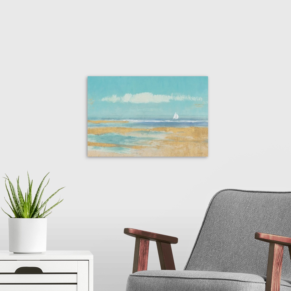 A modern room featuring Contemporary artwork of a sandy beach with a sailboat on the horizon.