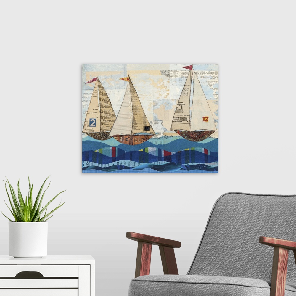 A modern room featuring Mixed media artwork of three sailboats on the ocean.