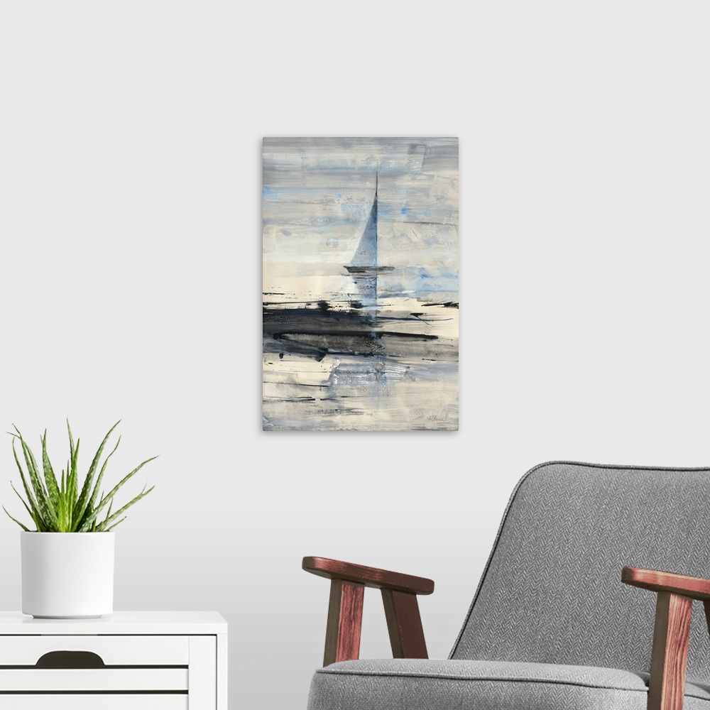 A modern room featuring A vertical abstract landscape of a sailboat in the water with black brush strokes overlaying.