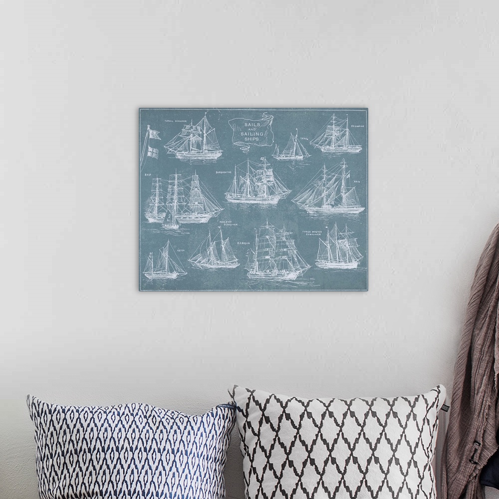 A bohemian room featuring Artwork of a vintage blueprint chart of various old sailing ships.