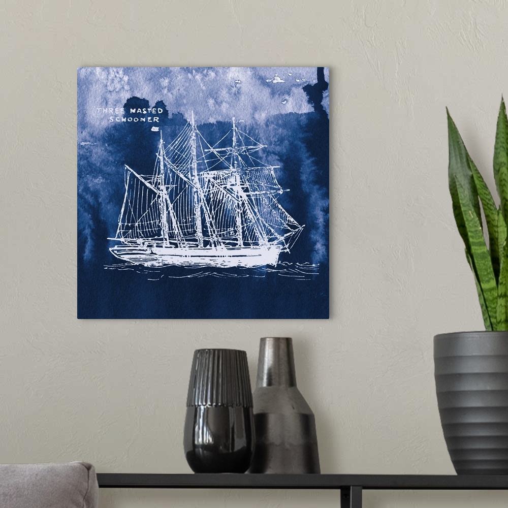 A modern room featuring Square art with a white silhouette of a sailboat on an indigo watercolor background and "Three Ma...