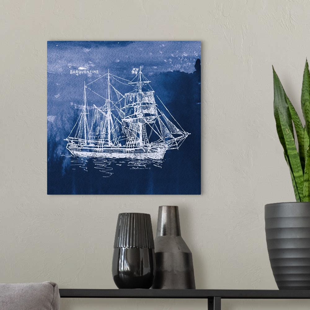 A modern room featuring Square art with a white silhouette of a sailboat on an indigo watercolor background and "Barquent...