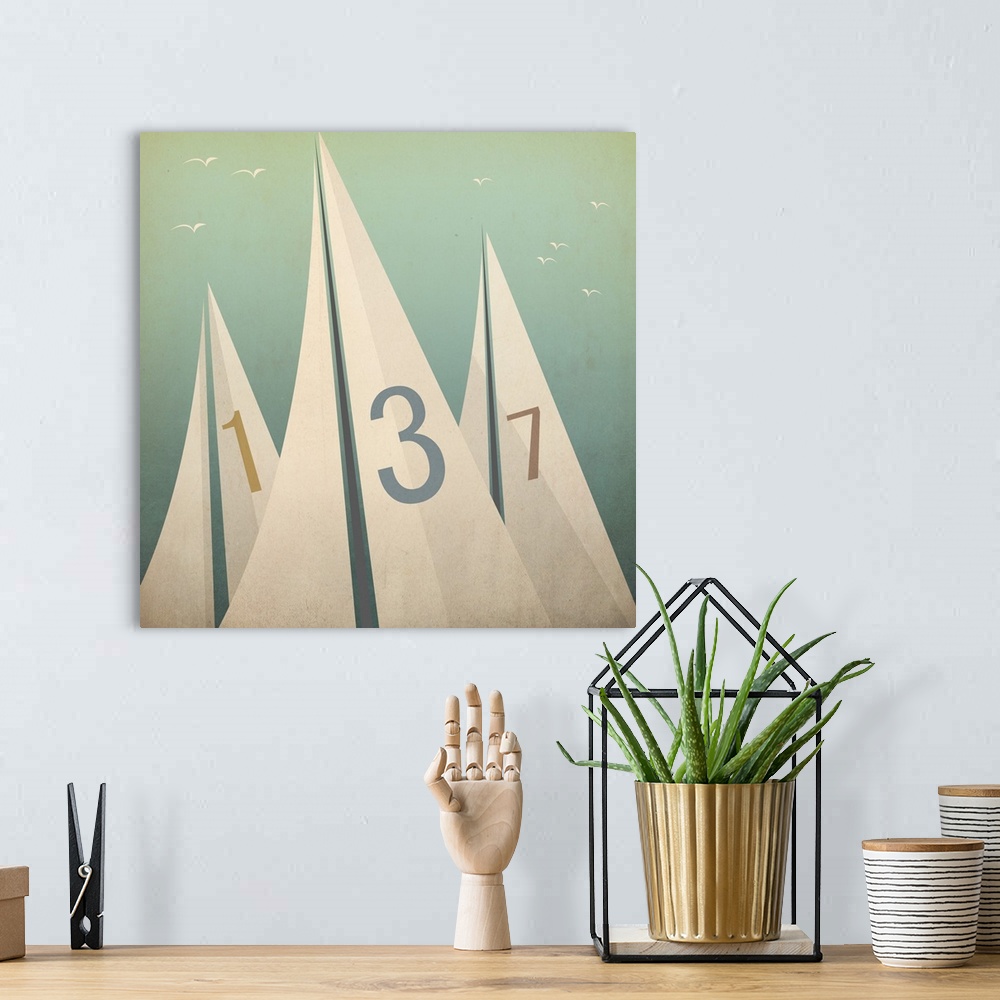 A bohemian room featuring Contemporary artwork of three sails with numbers on them against a pale green background.