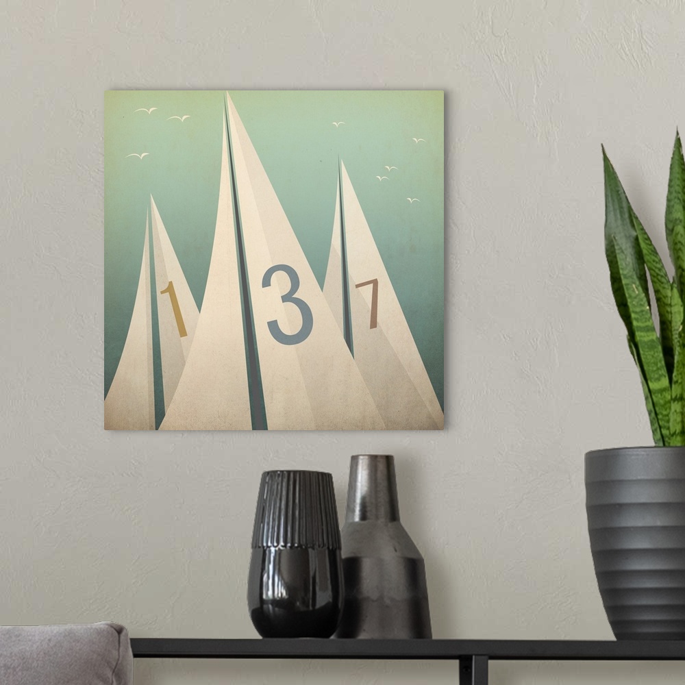 A modern room featuring Contemporary artwork of three sails with numbers on them against a pale green background.