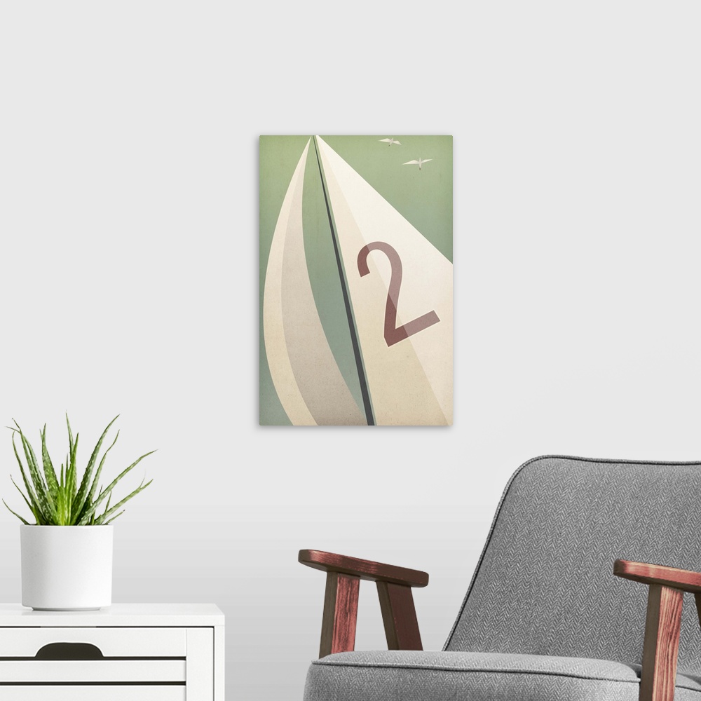 A modern room featuring Contemporary artwork of a sail with a number on it against a pale green background.