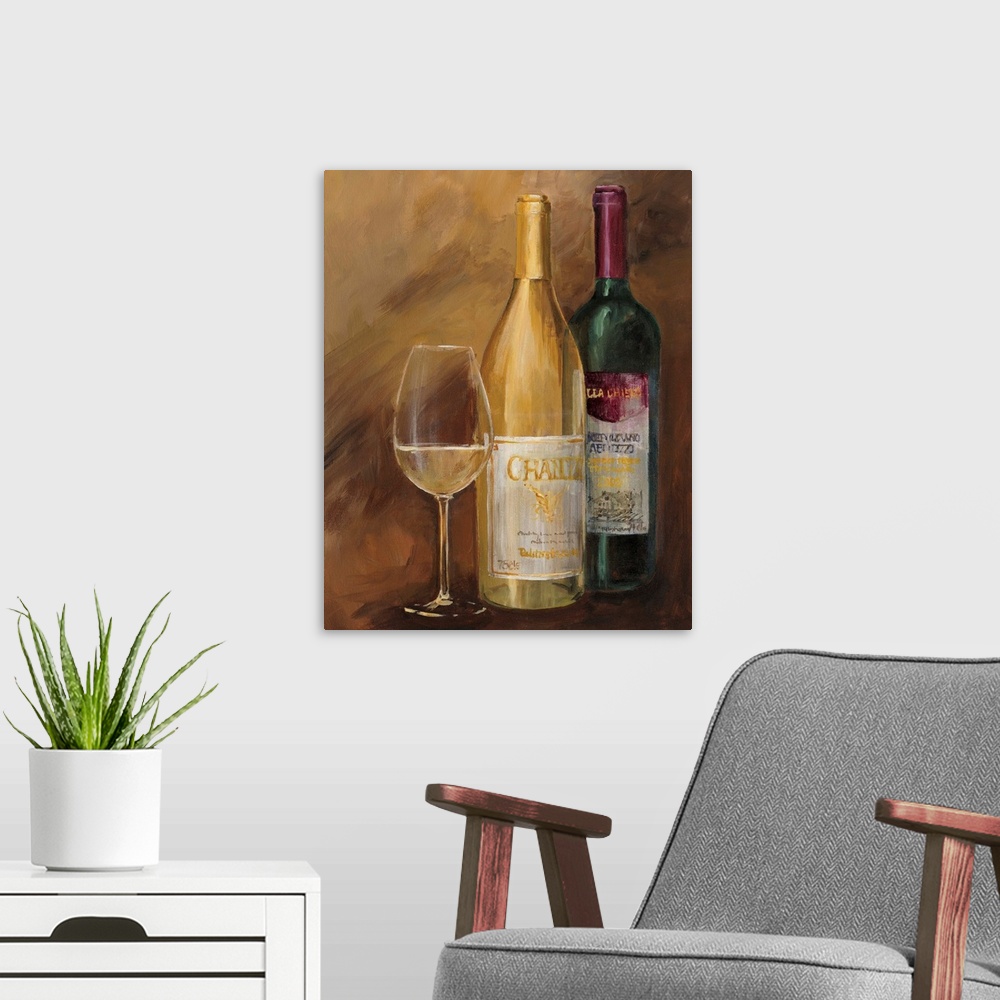 A modern room featuring Still life painting of wine bottle and a glass sitting in a golden environment.
