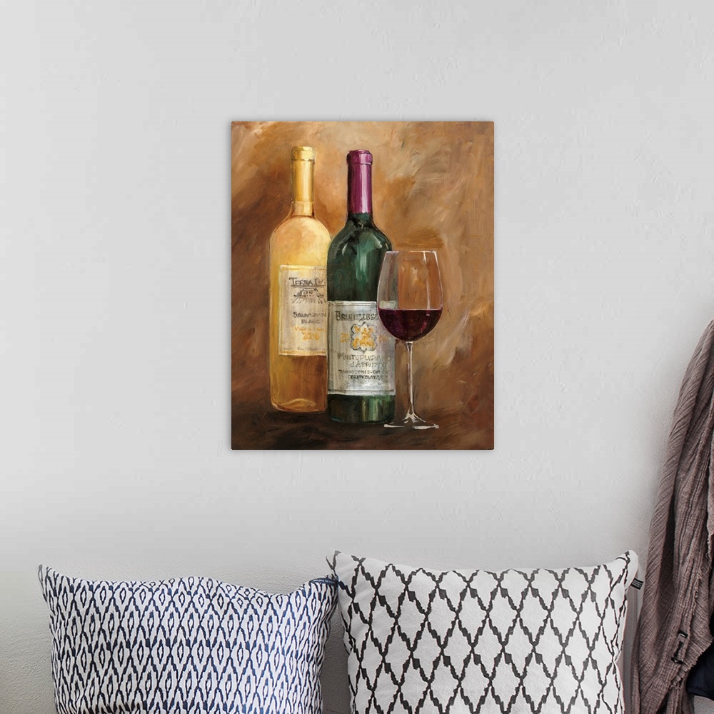 A bohemian room featuring Still life painting of wine bottle and a glass sitting in a golden environment.