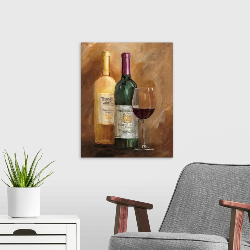 A modern room featuring Still life painting of wine bottle and a glass sitting in a golden environment.