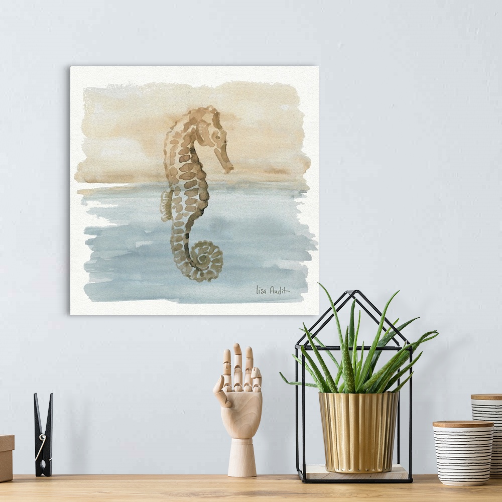 A bohemian room featuring Watercolor painting of a seahorse in neutral tones.