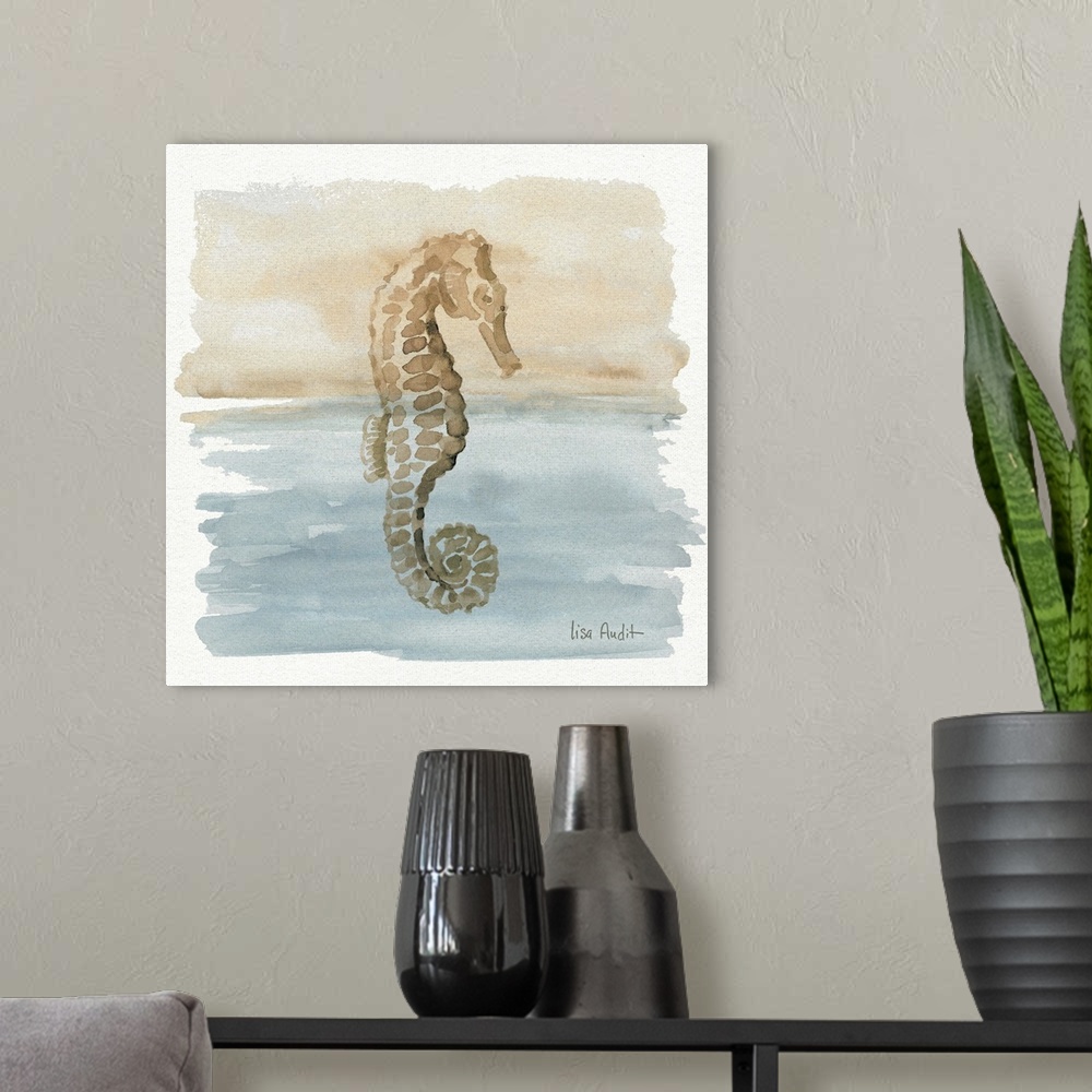 A modern room featuring Watercolor painting of a seahorse in neutral tones.
