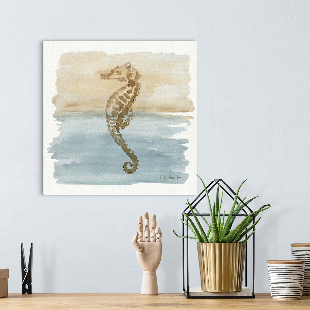 A bohemian room featuring Watercolor painting of a seahorse in neutral tones.
