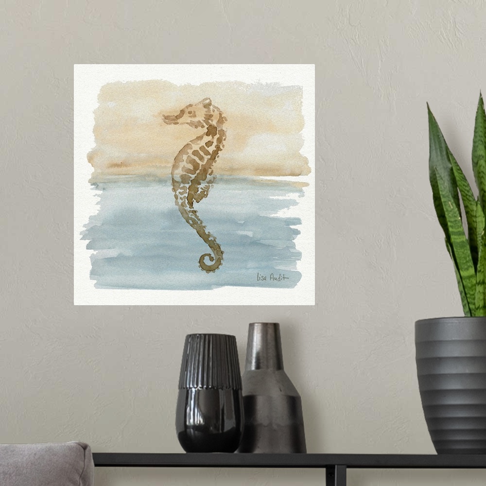 A modern room featuring Watercolor painting of a seahorse in neutral tones.