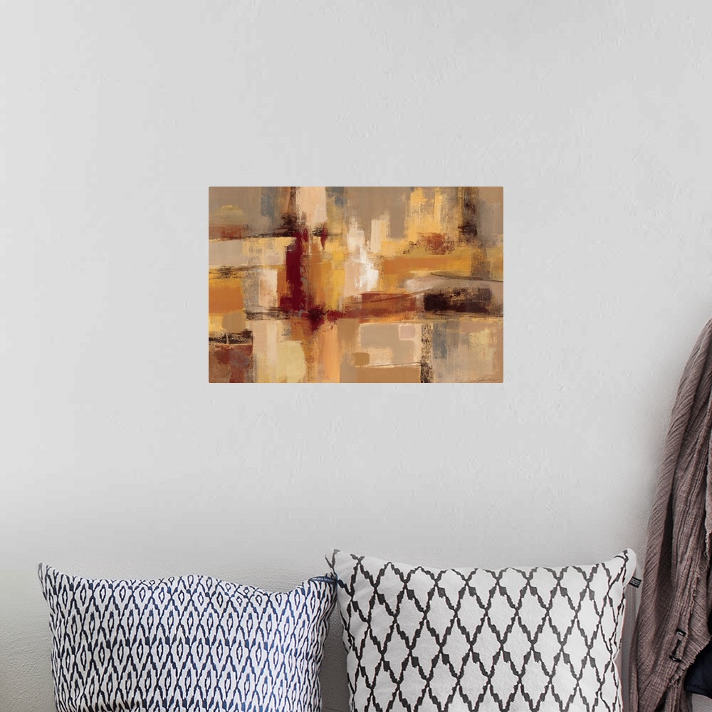 A bohemian room featuring Contemporary abstract painting of eroded rectangles and squares varying in color and orientation.