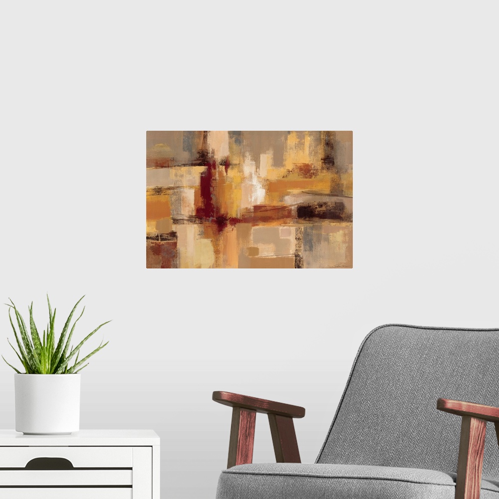 A modern room featuring Contemporary abstract painting of eroded rectangles and squares varying in color and orientation.