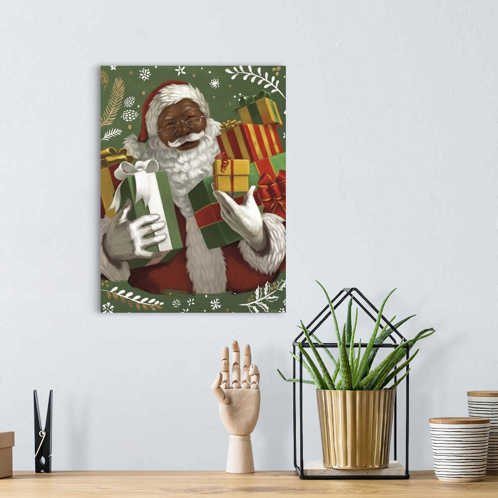 A bohemian room featuring A jolly portrait of Santa Claus holding several wrapped gifts.