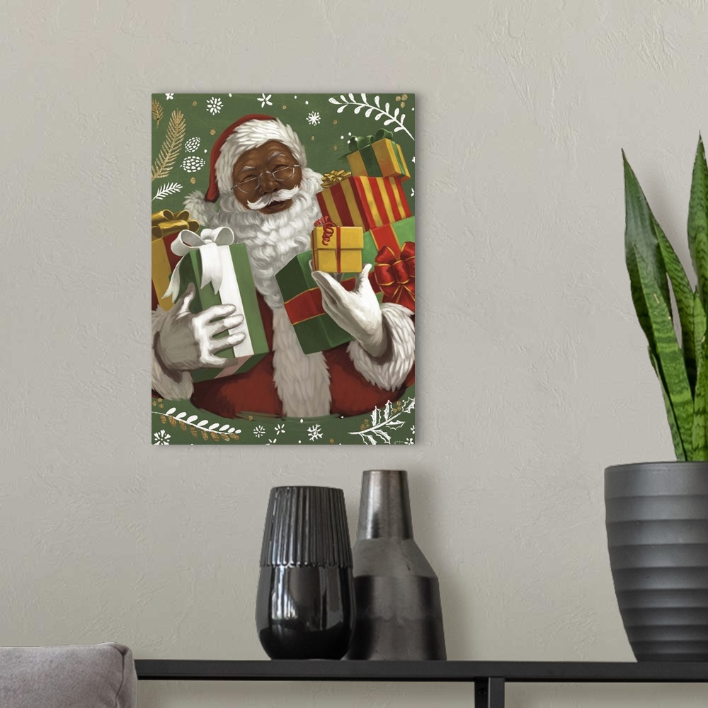 A modern room featuring A jolly portrait of Santa Claus holding several wrapped gifts.