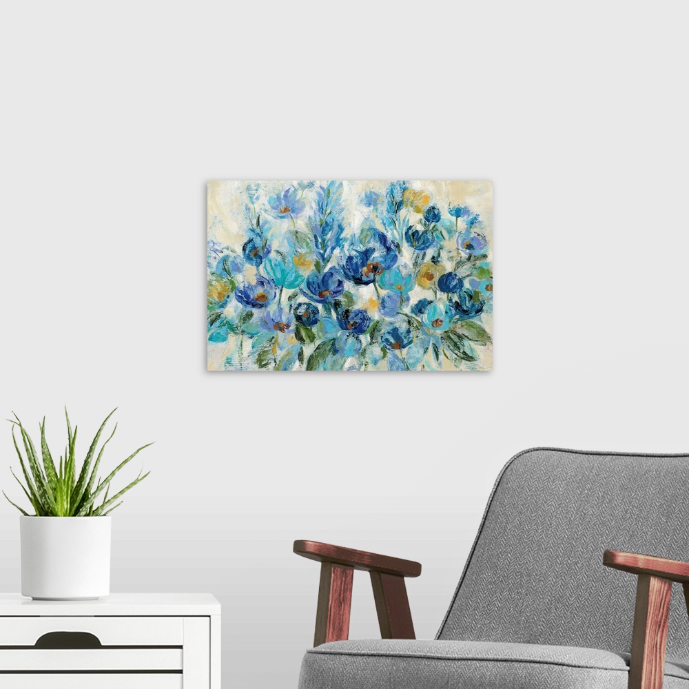A modern room featuring Large painting of a bunch of flowers in shades of blue with some gold on a neutral colored backgr...