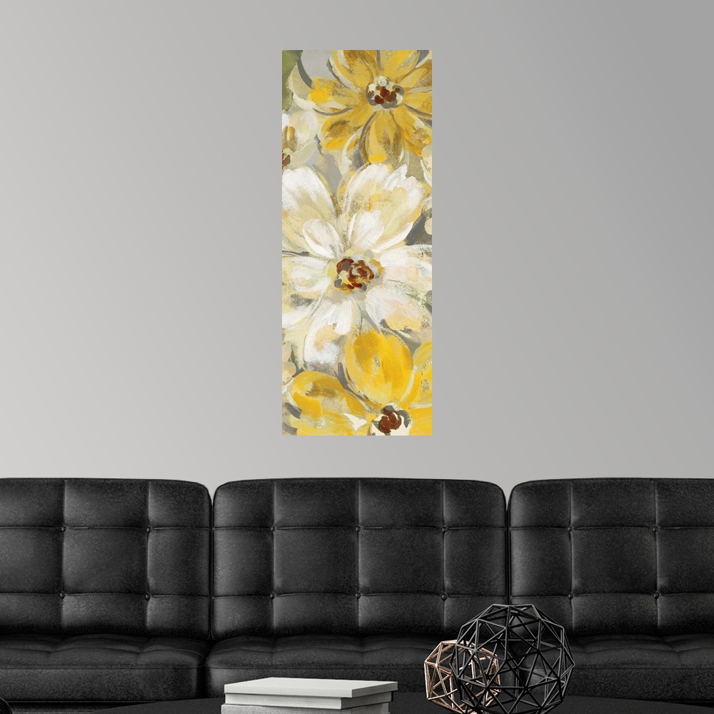A modern room featuring A long vertical image of large yellow flower blooms with white accents.
