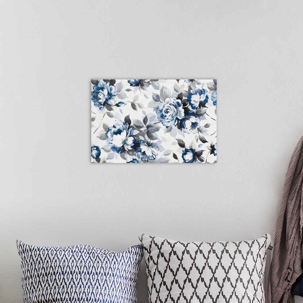 A bohemian room featuring Artwork of roses in blue with grey leaves.