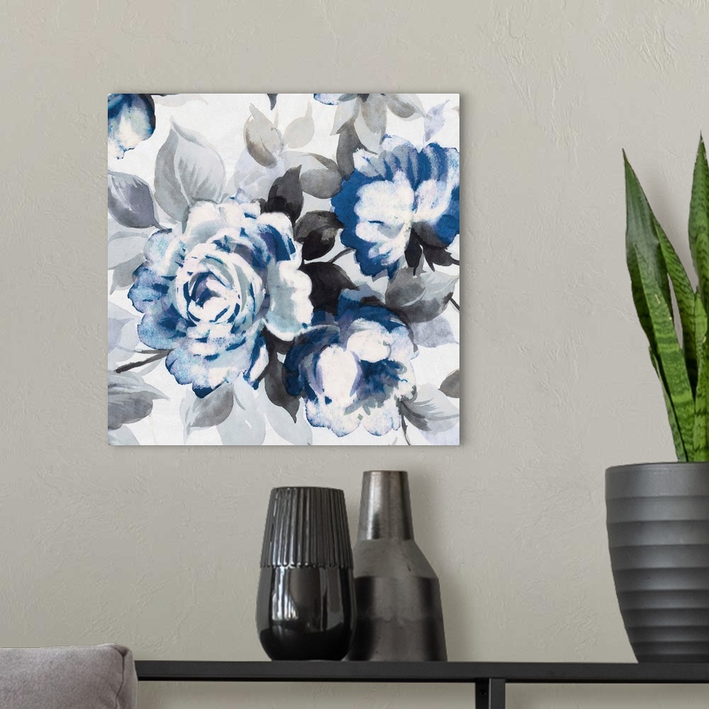 A modern room featuring Artwork of roses in shades of deep blue and grey.