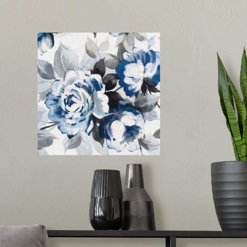 A modern room featuring Artwork of roses in shades of deep blue and grey.